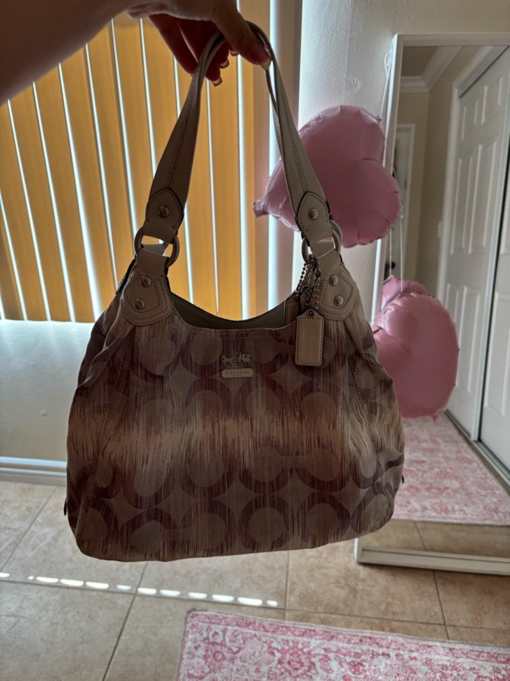 Coach Monogram Shoulder Bag in Taupe and Pink